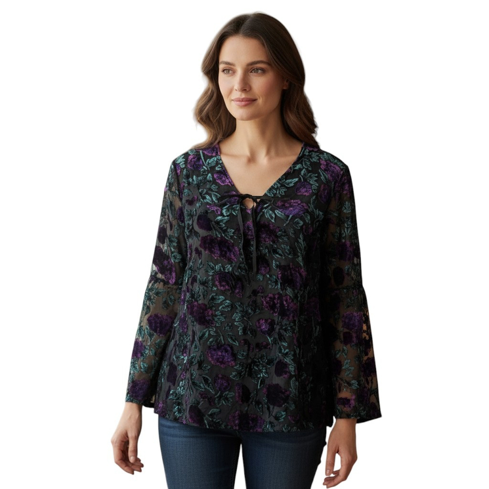 Dalia Floral Velvet Burnout Blouse Top Womens M Black Purple V-Neck Whimsigoth